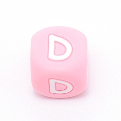 Letter D Силиконовые бусины с алфавитом для изготовления браслетов или ожерелий, стиль письма, розовый куб, letter.d, 12x12x12 мм, отверстие : 3 мм
