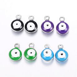 Mixed Color 304 Stainless Steel Enamel Charms, Flat Round with Evil Eye, Stainless Steel Color, Mixed Color, 8.5x6x4mm, Hole: 1mm