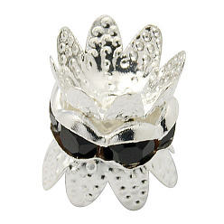 Negro Tapas de cuentas de diamantes de imitación de bronce, espaciador de tapa, flor, el color plateado de plata, negro, tamaño: cerca de 8 mm de diámetro, 9 mm de espesor, agujero: 0.8 mm