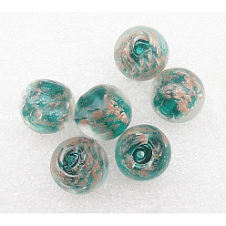 Cyan Handmade Lampwork Beads, with Gold Sand, Round, Cyan, Size: about 12mm in diameter, hole: 2mm