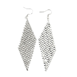 Platinum Crystal Rhinestone Rhombus Dangle Earrings, Brass Long Drop Earrings for Women, Platinum, 93mm, Pin: 0.7mm