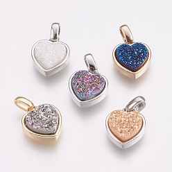 Mixed Color Natural Druzy Agate Pendants, with Brass Findings, Heart, Mixed Color, 17mm, Hole: 2x2.5mm, Pendant: 12.5x11x4mm