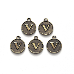 Letter V Alloy Pendant Cabochon Settings, For Enamel, Cadmium Free & Lead Free, Flat Round with Letter, Antique Bronze, Letter.V, 14x12x2mm, Hole: 1.5mm
