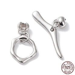 Real Platinum Plated Rhodium Plated 925 Sterling Steel Toggle Clasps, Flower, with 925 Stamp, Real Platinum Plated, Flower: 12.5x11x1.5mm, Bar: 4x24x2.5mm, Inner Diameter: 2mm