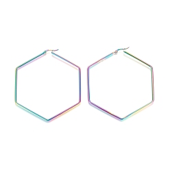 Rainbow Color 304 Stainless Steel Geometric Angular Hoop Earrings, Hypoallergenic Earrings, Hexagon, Rainbow Color, 12 Gauge, 79x69x2mm, Pin: 1x0.6mm