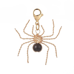 Black Agate Wire Wrapped Natural Black Agate Pendant Decorations, with 304 Stainless Steel Lobster Claw Clasps, Spider, 35mm