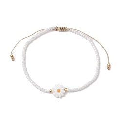 White Flower Natural Shell & Glass Seed Braided Bead Bracelets, Adjustable Nylon Bracelet, White, Inner Diameter: 2-1/8~3-1/8 inch(5.5~8cm)