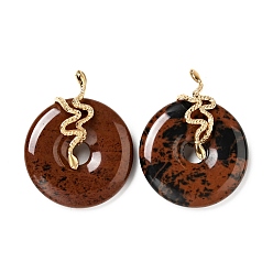 Mahogany Obsidian Natural Mahogany Obsidian Pendants, with Ion Plating(IP) Golden Tone 304 Stainless Steel Findings, Snake with Donut/Pi Disc Charm, 37~40x30x12~13mm, Hole: 10.5x2mm