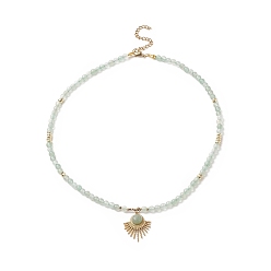 Aventurine Verte Aventurine vert colliers de perles naturelles, 304 colliers pendentif éventail en acier inoxydable avec fermoir mousqueton et rallonge de chaîne pour femmes, 16-3/4 pouce (42.5 cm)