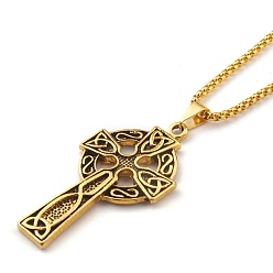 Antique Golden Titanium Steel Claddagh Cross Pendant Necklaces, with Box Chains, Antique Golden, 23.62 inch(60cm)