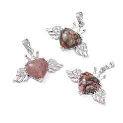 Rhodonite Pendentifs en rhodonite naturelles, breloques coeur avec ailes et couronne, avec strass en cristal de laiton ton platine, 26x35.5x8mm, Trou: 8x5mm