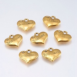Antique Golden Tibetan Style Alloy Wedding Family Pendant Rhinestone Settings, Heart with Word Bridesmaid, Lead Free & Cadmium Free, Antique Golden, 14x16x2.5mm, Hole: 2mm, fit for 1.5mm rhinestone