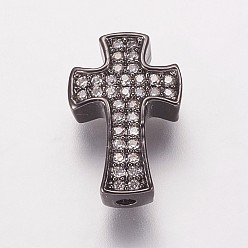 Gunmetal Brass Cubic Zirconia Beads, Cross, Clear, Gunmetal, 14x9x3.5mm, Hole: 1mm