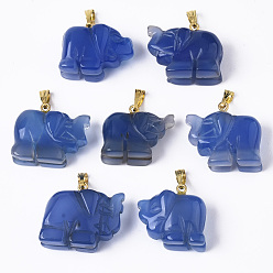 Bleu Pendentifs en agate, avec métal plaqué or (livraison aléatoire de matériaux en laiton ou en fer) encliquetables sur les bails, teint, éléphant, bleu, 17~19x20~22.5x11.5~12.5mm, Trou: 2.5x6mm