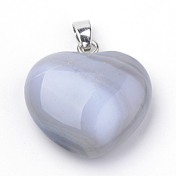 Grey Agate Natural Grey Agate Pendants, with Alloy Findings, Heart, Platinum, 27~29x28x11mm, Hole: 3.5x5mm