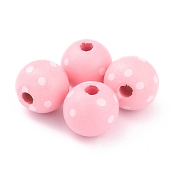 Pink Dyed Natural Wooden Beads, Macrame Beads Large Hole, Round with Polka Dot, Pink, 16x15mm, Hole: 4mm
