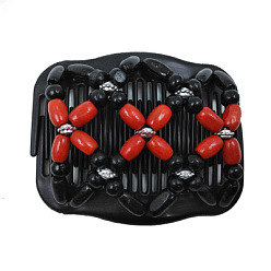 Red Plastic Hair Bun Maker, Stretch Double Hair Comb, with Wood Beads and Metal Findings, Red, 80x105mm