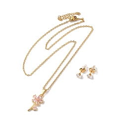 Pink Collier pendentif fleur de vie zircon cubique et boucles d'oreilles diamant, or 304 ensemble de bijoux en acier inoxydable pour femme, rose, 501mm, 13x5.5mm, pin: 0.7 mm