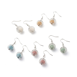 Mixed Color Natural Lava Rock Essential Oil Diffuser Dangle Earrings, Platinum Plated Brass Wire Wrap Round Cage Drop Earrings for Women, Mixed Color, 34.5mm, Pin: 0.8mm
