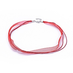 Red Jewelry Making Necklace Cord, with 2 Threads Waxed Cord, Organza Ribbon and Iron Findings, Red, 17 inch