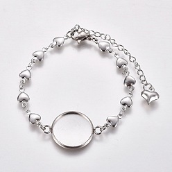Stainless Steel Color 304 Stainless Steel Bracelet Making, with Lobster Claw Clasps, Heart Link Chains and Flat Round Cabochon Settings, Stainless Steel Color, Tray: 16mm, 6 inch(15.3cm)