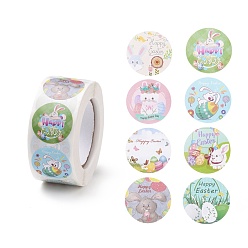 Egg 8 узоры на пасхальную тематику самоклеящиеся рулоны бумажных наклеек, с кроликом шаблон, круглые наклейки, подарочные наклейки, разноцветные, пасха тема шаблон, 25x0.1 мм, 500шт / рулон