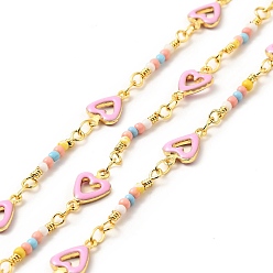 Pink Brass Enamel Heart Link Chains, with Glass Seed Beaded, Real 18K Gold Plated, Soldered, with Spools , Pink, 11x7x1.7mm