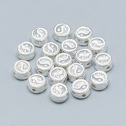 Silver Feng Shui 925 Sterling Silver Beads, Flat Round with Yin Yang, Silver, 7.5x4mm, Hole: 1.4mm