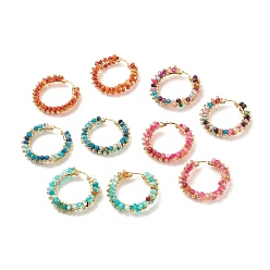 Mixed Color Natural Agate Beaded Hoop Earrings, 304 Stainless Steel Wire Wrap Jewelry for Women, Golden, Mixed Color, 43x43.5x9mm, Pin: 1.1x0.6mm