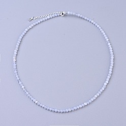 Agate Blue Lace Colliers de perles en agate de dentelle bleue naturelle, avec fermoirs mousquetons en laiton  , perles rondes à facettes, 16.5 pouces ~ 16.7 pouces (42~42.5 cm) x3~3.5 mm