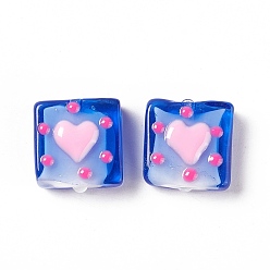 Blue Handmade Lampwork Beads, Square with Heart Pattern, Blue, 16x15x6mm, Hole: 1.8mm