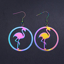 Rainbow Color 201 Stainless Steel Dangle Earrings, Ring with Flamingo, Rainbow Color, 66x40mm, Pin: 0.7mm