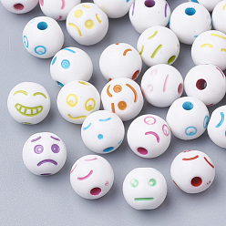 White Craft Style Acrylic Beads, Round with Expression, Mixed Color, 8x7.5mm, Hole: 1.8mm, about 1800pcs/500g