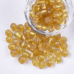 Goldenrod Glass Seed Beads, Silver Lined, Round, Goldenrod, 5~6x3~5mm, Hole: 1.2~2mm, about 2500pcs/bag
