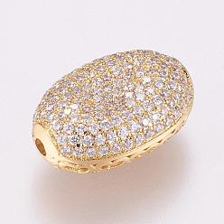 Golden Brass Micro Pave Cubic Zirconia Beads, Oval, Filigree, Golden, 19x13x7.5mm, Hole: 1.5mm