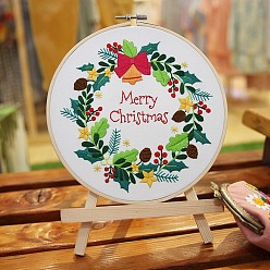Christmas Wreath Kits de broderie de thème de noël bricolage, y compris le tissu en coton imprimé, fil à broder et aiguilles, cercle à broder en plastique, guirlande de noël, 275x275mm
