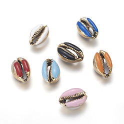 Mixed Color Electroplated Cowrie Shell Beads, with Enamel, Undrilled/No Hole Beads, Golden, Mixed Color, 18~22x13~15x7~8mm