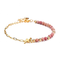 Rhodochrosite Charm Bracelets, with Natural Rhodochrosite Beads, 304 Stainless Steel Cross Charms, Brass Paperclip Chains & Round Beads, 7-5/8 inch(19.3cm)