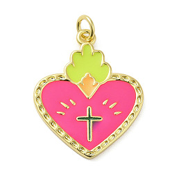 Hot Pink Rack Plating Brass Enamel Pendants, with Jump Ring, Long-Lasting Plated, Cadmium Free & Lead Free, Real 18K Gold Plated, Heart with Cross Charm, Hot Pink, 27x21x1.5mm, Hole: 3mm