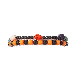 Orange Halloween Theme Skull Synthetic Turquoise(Dyed) Stretch Bracelets Sets, Acrylic Beaded Bracelets for Women, Orange, Inner Diameter: 2-1/8~2-1/4 inch(5.35~5.7cm), 2pcs/set