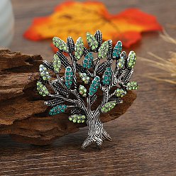 Antique Silver Rhinestone Pin, Alloy Brooch for Backpack Clothes, Tree of Life, Antique Silver, 55x48mm