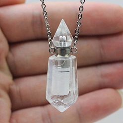 Quartz Crystal Natural Quartz Crystal Bullet Perfume Bottle Necklaces, with Alloy Cable Chains, 17.72 inch(45cm)
