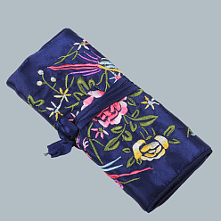 Bleu Nuit Pochettes en rouleau à fermeture éclair en soie rectangle rétro, sacs de rangement de bijoux de fleurs brodées avec corde à cordon, bleu minuit, 20x9 cm, ouvert: 27x20 cm