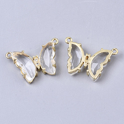 Clear Glass Pendants, with  Micro Pave Cubic Zirconia and Brass Open Back Settings, Faceted, Butterfly, Golden, Clear, 16.5x23.5x5.5mm, Hole: 1.2mm