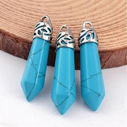 Synthetic Turquoise Dyed Bullet Synthetic Turquoise Pendants, with Platinum Tone Alloy Findings, 33~40x8~10mm, Hole: 3x2mm