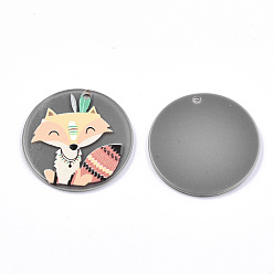 Gray Acrylic Pendants, 3D Printed, Flat Round with Fox Pattern, Gray, 32x2.5mm, Hole: 1.8mm