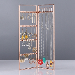 Rose Gold Foldable Iron Screen Earring Stands, 2 Panel Jewelry Organizer Rack for Earrings Necklaces Storage, Rectangle, Rose Gold, 18x28x0.8cm
