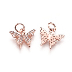 Rose Gold Brass Micro Pave Cubic Zirconia Charms, Long-Lasting Plated, Butterfly, Clear, Rose Gold, 11x13x2mm, Hole: 3.5mm