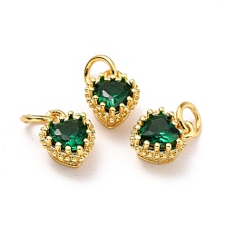 Green Brass Micro Pave Mixed Color Cubic Zirconia Pendants, Real 18K Gold Plated, Long-Lasting Plated, Heart, Green, 9.3x7.4x5.5mm, Hole: 3mm