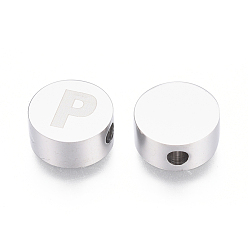 Letter P 304 Stainless Steel Beads, Flat Round with Letter, Letter.P, 10x4.5mm, Hole: 2mm